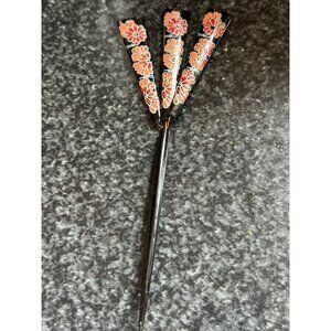 Vtg Japanese Kanzashi Hair Stick Black Painted 3 "Fan" On Metal Lacquer